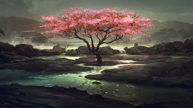 Cherry Blossom Tree — Pink, Serene, Spring, Digital Art, River, Mountains, Ruins