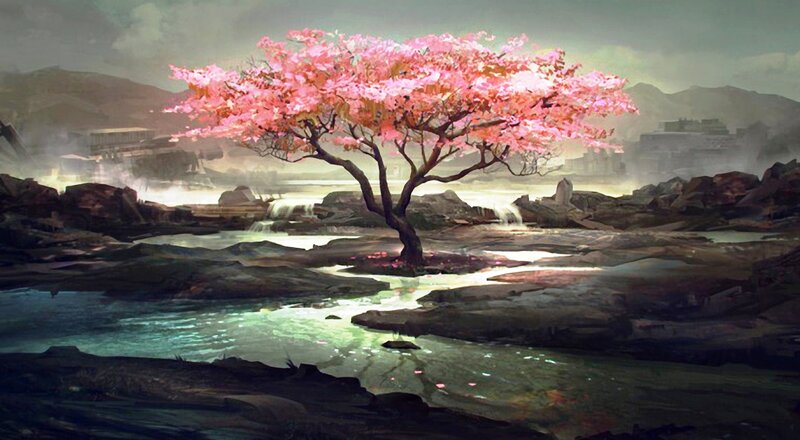 Cherry Blossom Tree — Pink, Serene, Spring, Digital Art, River, Mountains