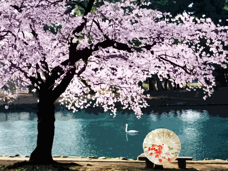 Cherry Blossom Tree — Pink, Serene, Spring, Digital Art, Swan