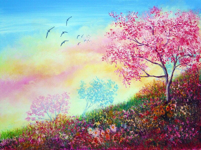 Cherry Blossom Tree — Pink, Serene, Spring, Painting, Birds