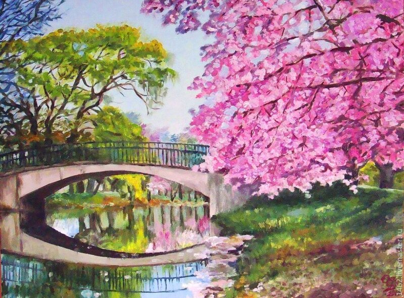 Cherry Blossom Tree — Pink, Serene, Spring, Painting, Bridge