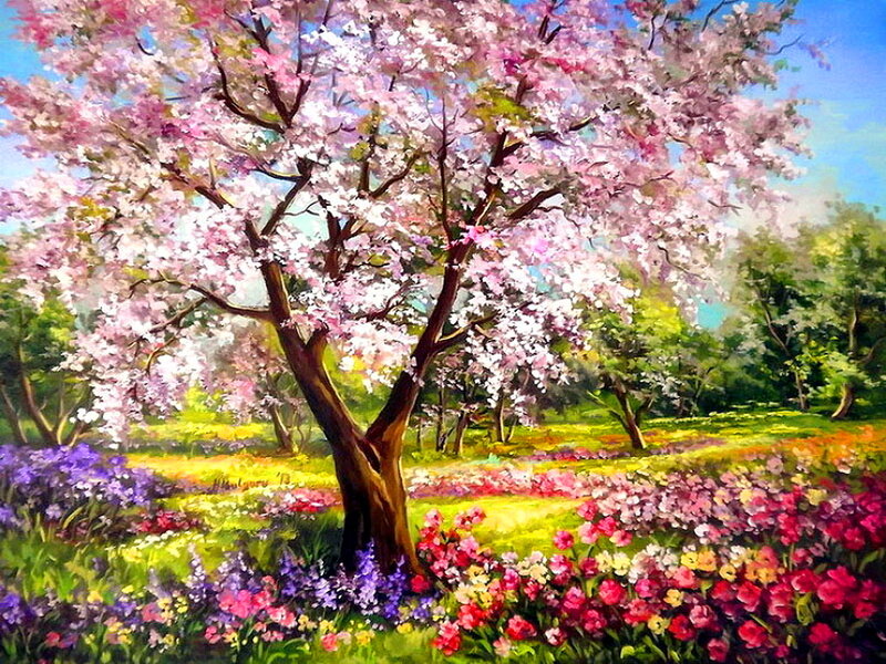 Cherry Blossom Tree — Pink, Serene, Spring, Painting, Flowers, Trees