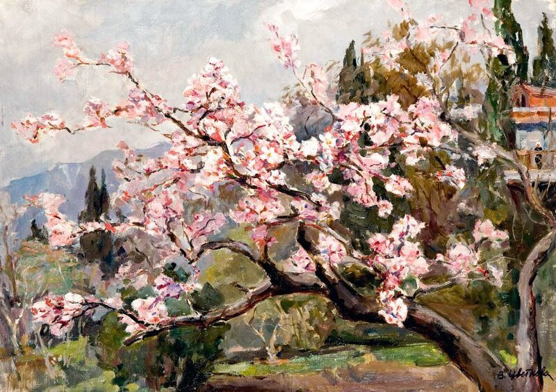 Cherry Blossom Tree — Pink, Serene, Spring, Painting, Mountains