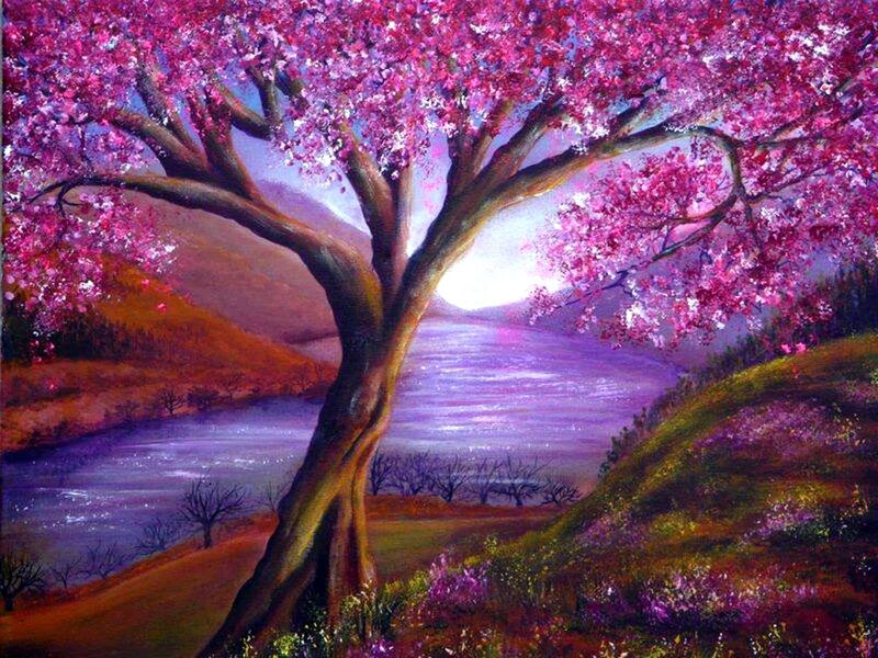 Cherry Blossom Tree — Pink, Serene, Spring, Painting, River