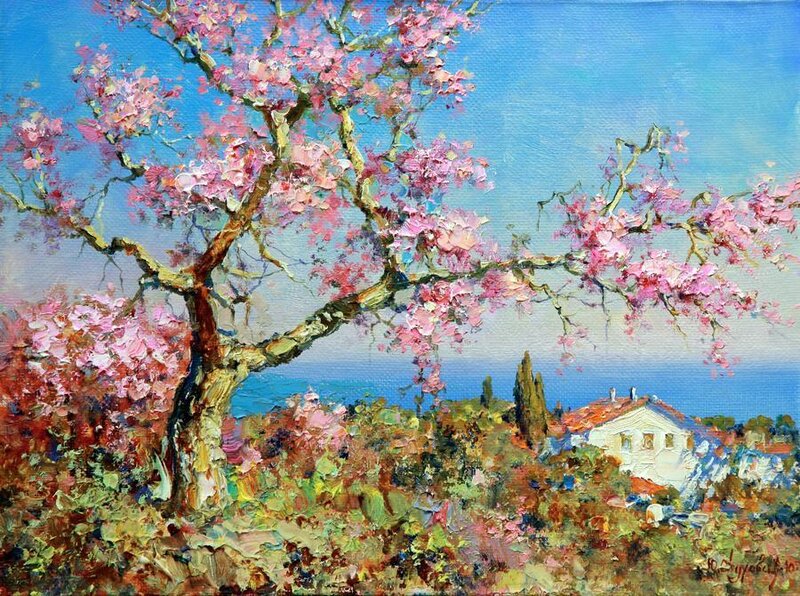 Cherry Blossom Tree — Pink, Serene, Spring, Painting