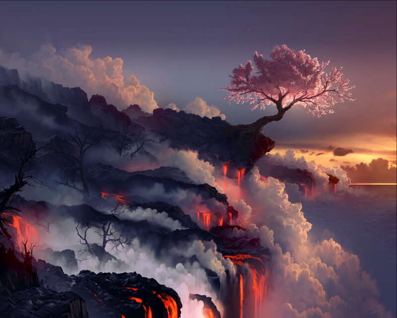 Cherry Blossom Tree — Purple, Dramatic, Sunset, Digital Art