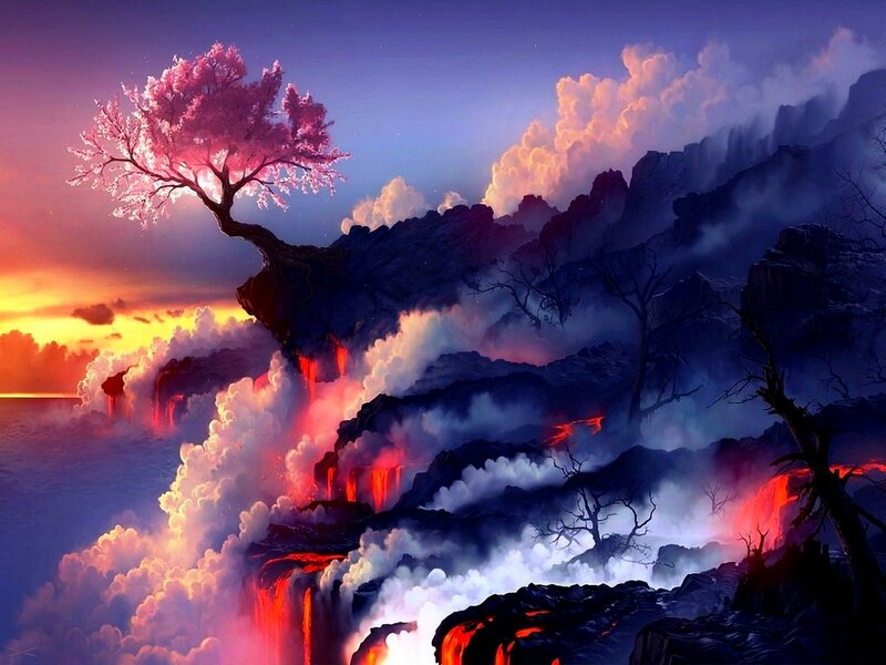 Cherry Blossom Tree — Purple, Dramatic, Sunset, Digital Art, Volcano