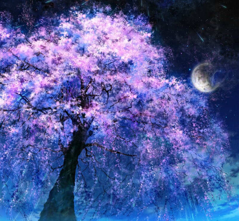Cherry Blossom Tree — Purple, Dreamy, Night, Digital Art, Moon