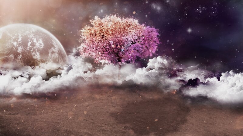 Cherry Blossom Tree — Purple, Dreamy, Night, Digital Art, Planet