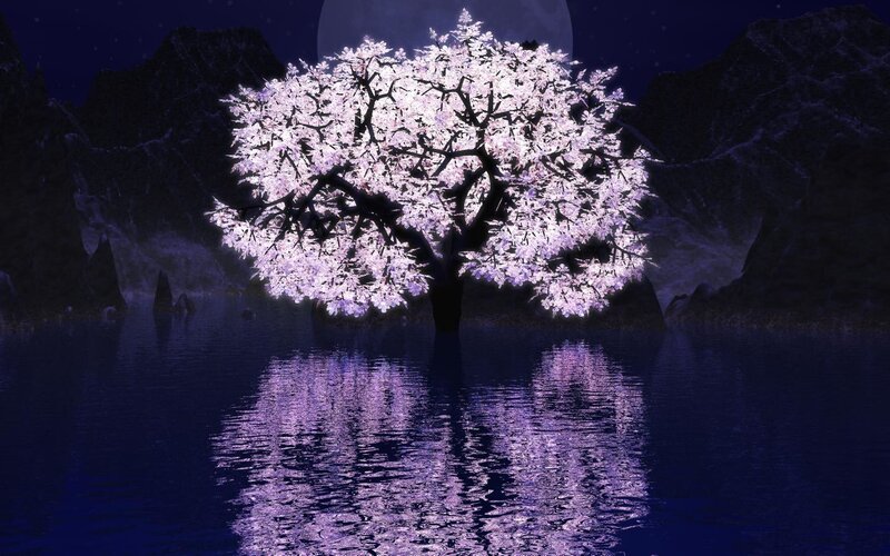 Cherry Blossom Tree — Purple, Serene, Night, Digital Art, Moon, Mountains