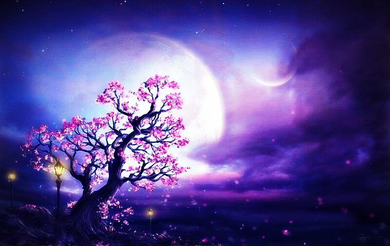 Cherry Blossom Tree — Purple, Serene, Night, Digital Art, Moon