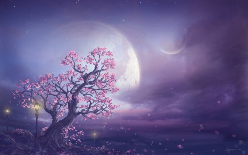 Cherry Blossom Tree — Purple, Serene, Night, Digital Art