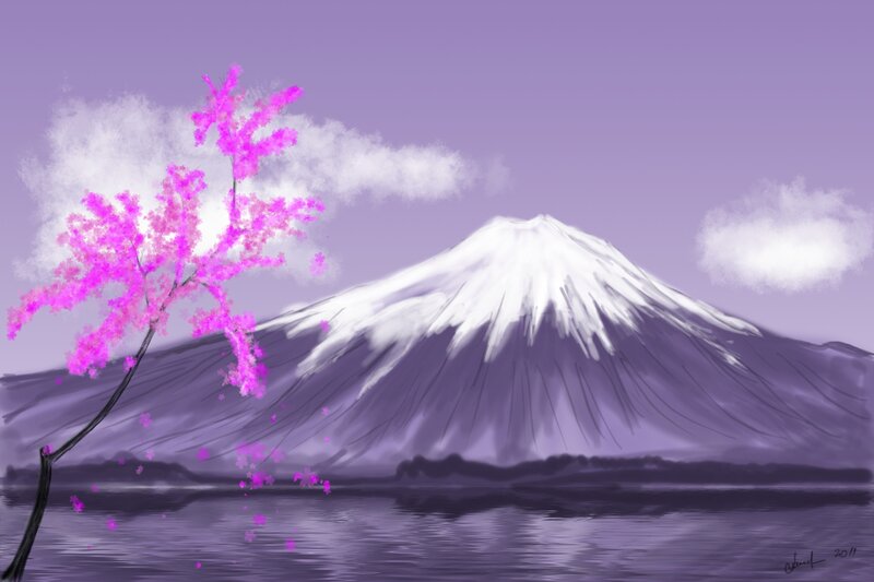 Cherry Blossom Tree — Purple, Serene, Spring, Digital Art, Mountain