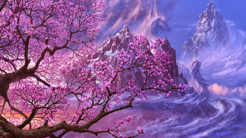 Cherry Blossom Tree — Purple, Serene, Spring, Digital Art, Mountains, Castle