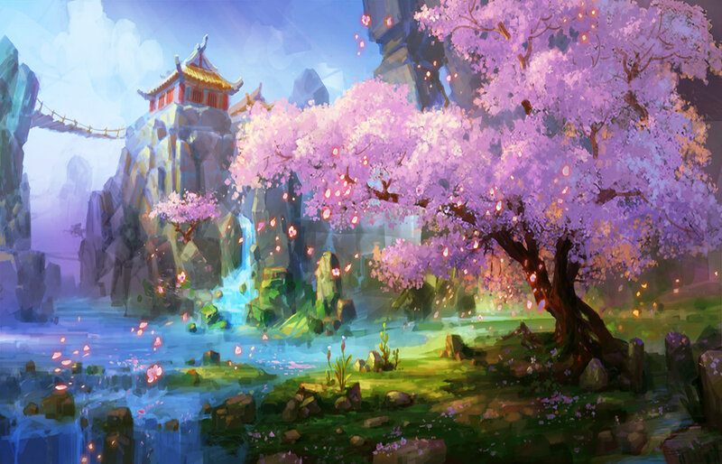 Cherry Blossom Tree — Purple, Serene, Spring, Digital Art, Temple