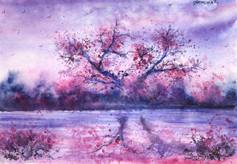 Cherry Blossom Tree — Purple, Serene, Spring, Painting
