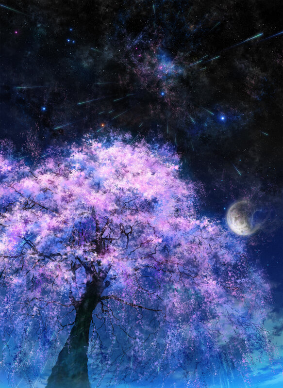 Cherry blossom tree under starry sky