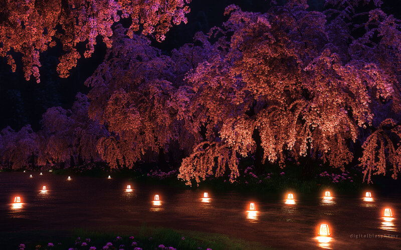 Cherry Blossom Trees at Night — Purple, Serene, Digital Art
