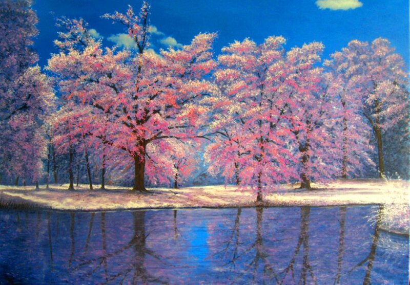 Cherry Blossom Trees — Blue, Serene, Spring, Painting