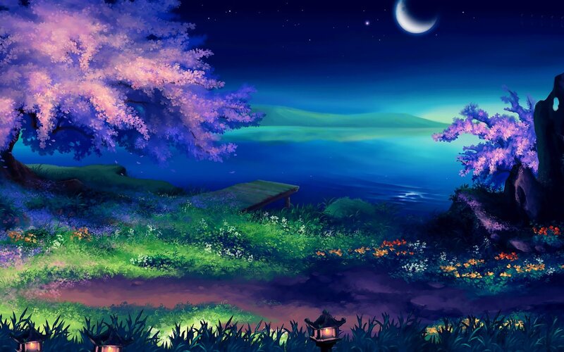 Cherry Blossom Trees by Lake — Blue, Serene, Night