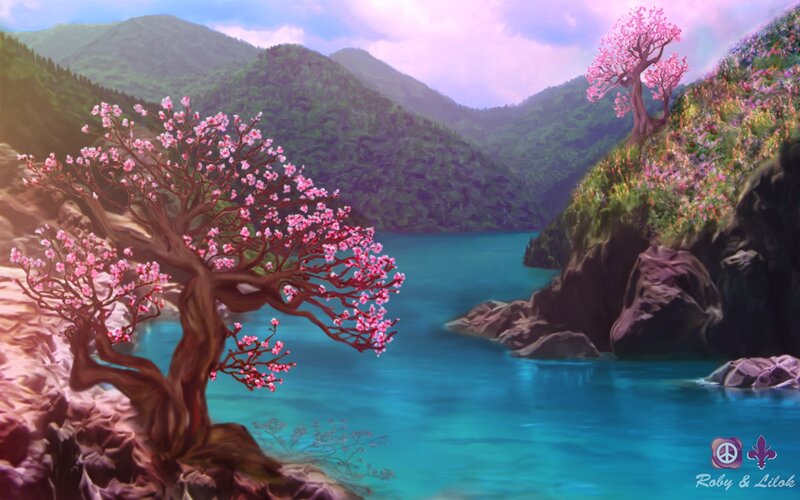 Cherry Blossom Trees by Lake — Blue, Serene, Spring
