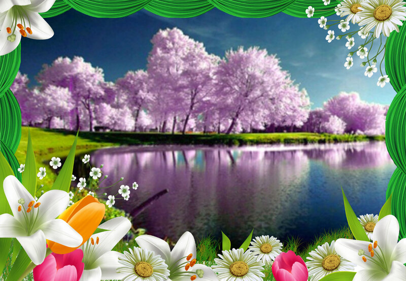 Cherry Blossom Trees by Lake — Purple, Serene, Spring, Digital Art