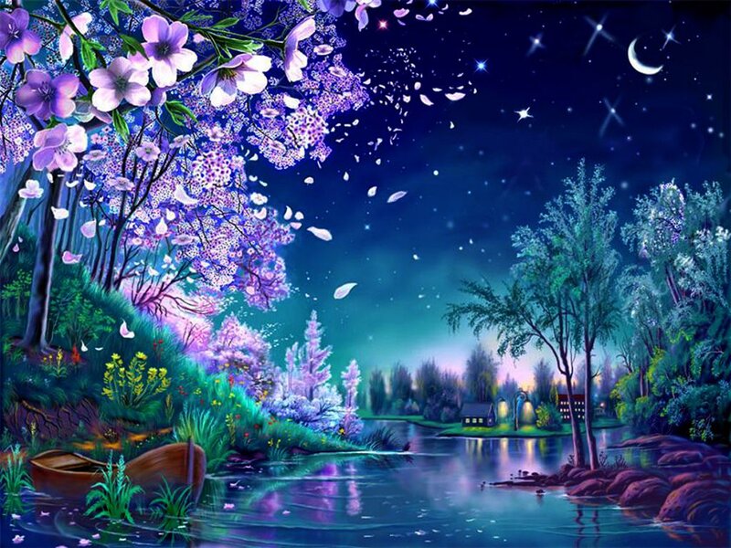 Cherry Blossom Trees by Lake — Purple, Serene