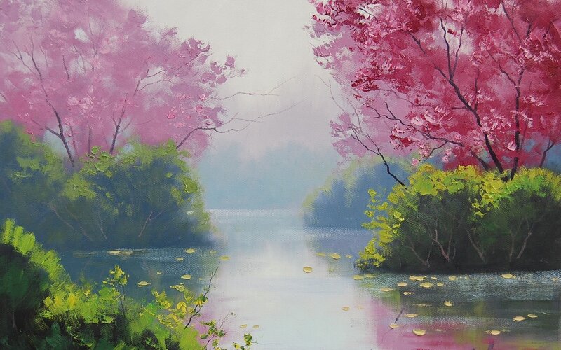 Cherry Blossom Trees by River — Pink, Serene