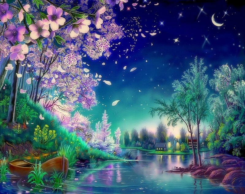 Cherry Blossom Trees by River — Purple