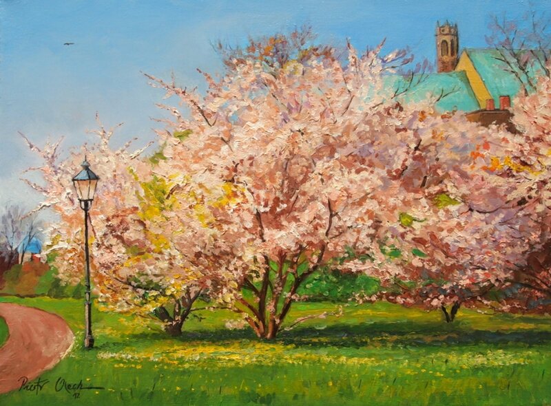 Cherry Blossom Trees — Green, Serene, Spring, Painting