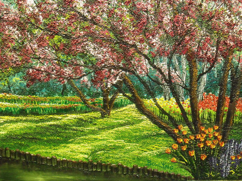 Cherry Blossom Trees — Green, Serene, Spring, Painting, Tulips