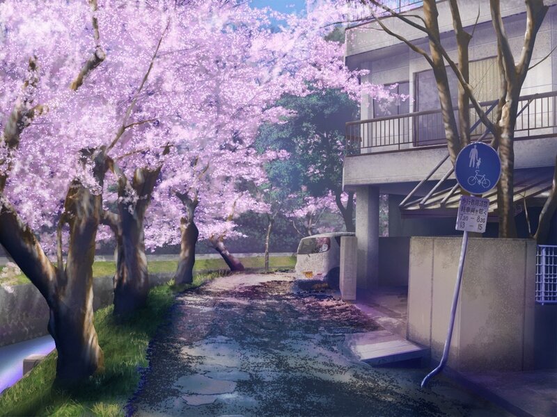 Cherry Blossom Trees — Pink, Serene, Spring, Digital Art, Building