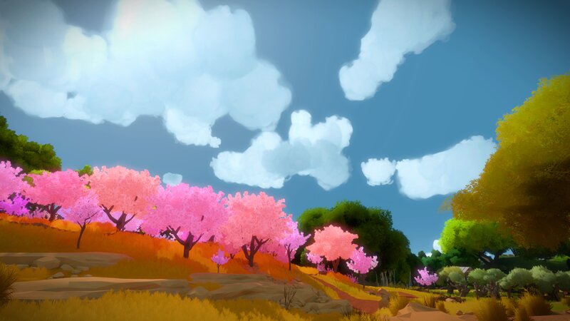 Cherry Blossom Trees — Pink, Serene, Spring, Digital Art, Clouds, Hills