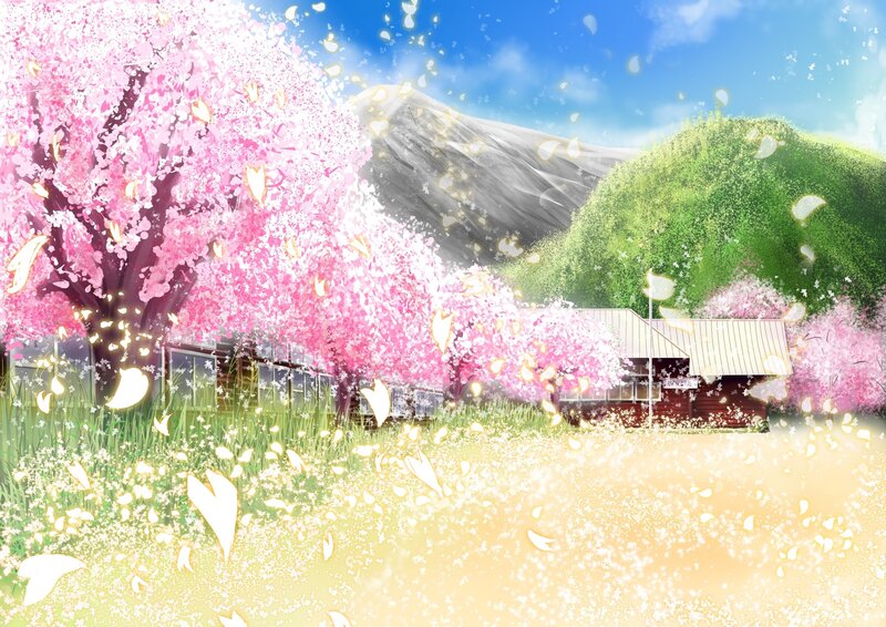 Cherry Blossom Trees — Pink, Serene, Spring, Digital Art, Mountain, House