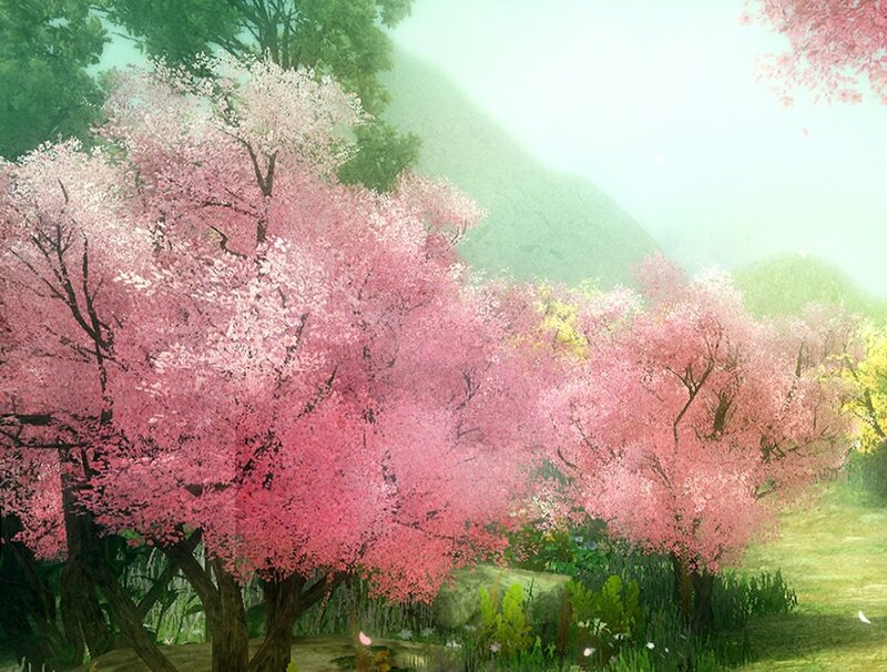 Cherry Blossom Trees — Pink, Serene, Spring, Digital Art, Mountain