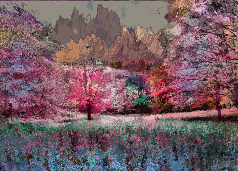 Cherry Blossom Trees — Pink, Serene, Spring, Digital Art, Mountains