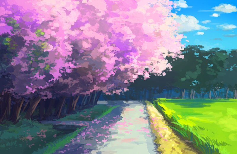 Cherry Blossom Trees — Pink, Serene, Spring, Digital Art, Path, Field