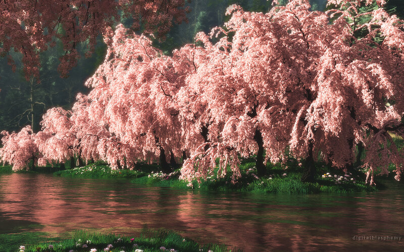 Cherry Blossom Trees — Pink, Serene, Spring, Digital Art, River, Forest