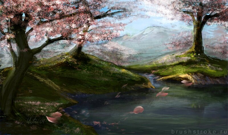 Cherry Blossom Trees — Pink, Serene, Spring, Digital Art, River, Mountain