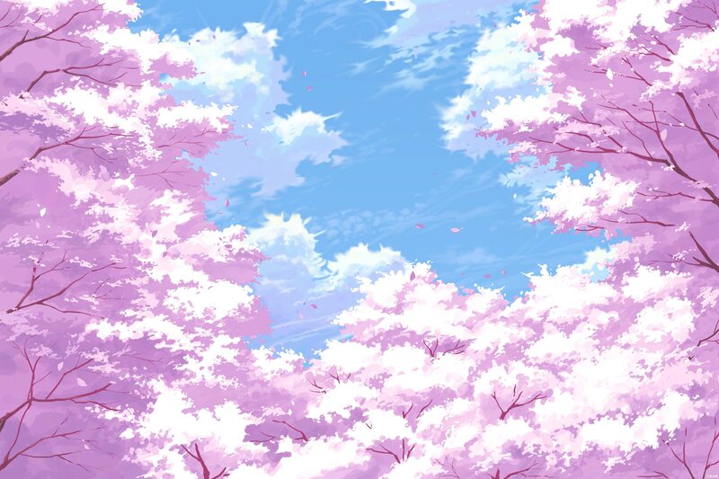 Cherry Blossom Trees — Pink, Serene, Spring, Digital Art, Sky, Clouds
