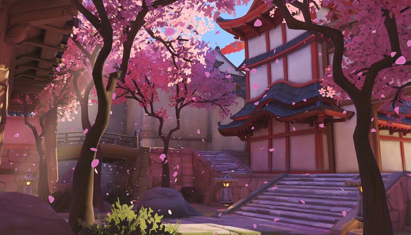 Cherry Blossom Trees — Pink, Serene, Spring, Digital Art, Traditional Building