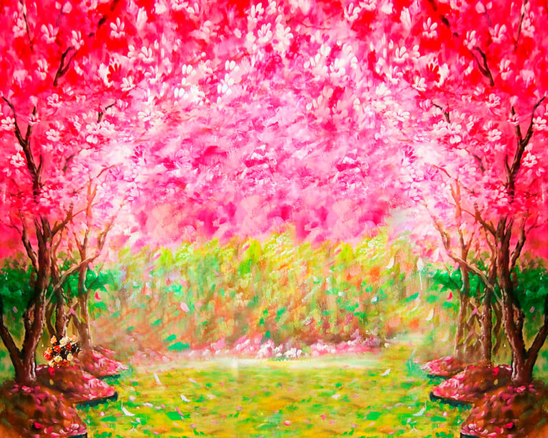 Cherry Blossom Trees — Pink, Serene, Spring, Painting, Flowers, Grass