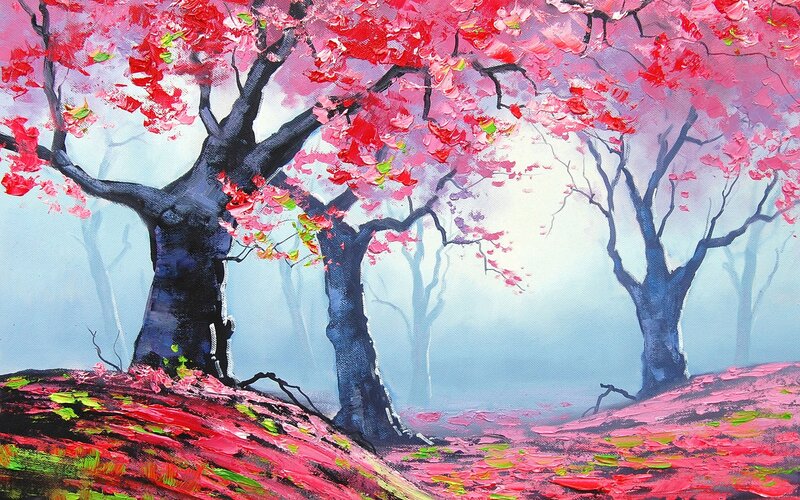 Cherry Blossom Trees — Pink, Serene, Spring, Painting, Flowers