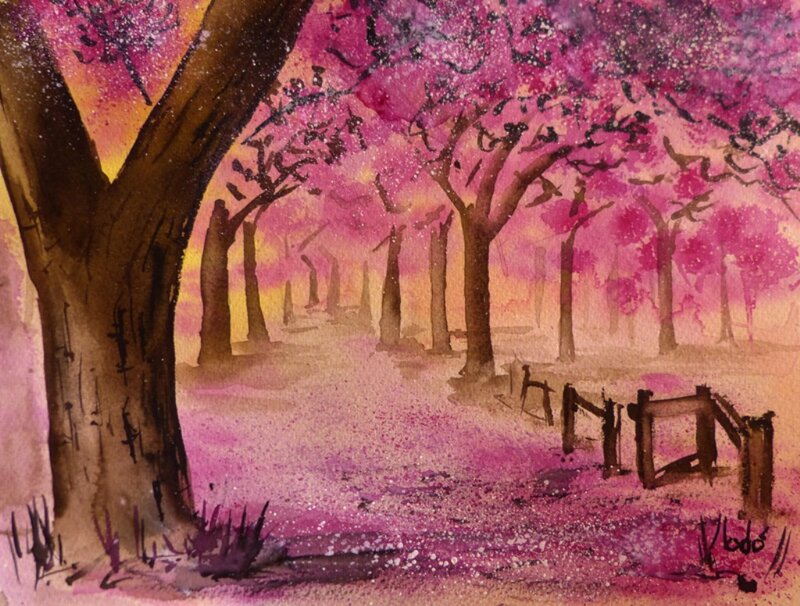 Cherry Blossom Trees — Pink, Serene, Spring, Painting, Path