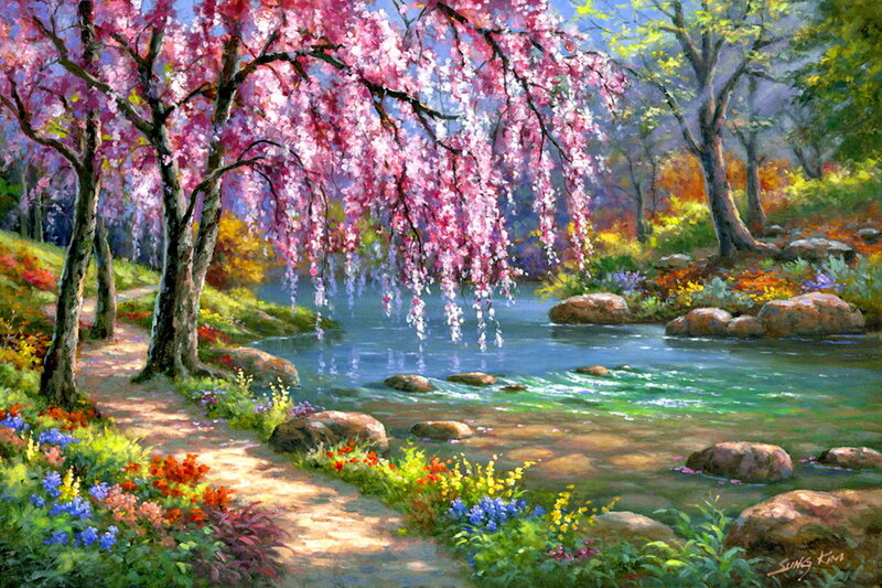 Cherry Blossom Trees — Pink, Serene, Spring, Painting, River