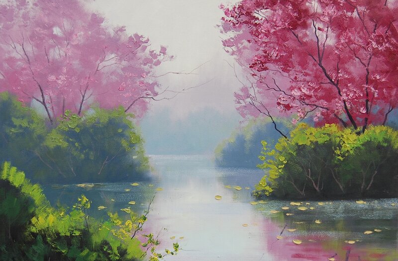 Cherry Blossom Trees — Pink, Serene, Spring, Painting