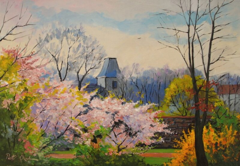 Cherry Blossom Trees — Pink, Serene, Spring, Painting, Tree