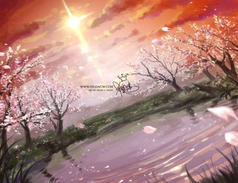Cherry Blossom Trees — Pink, Serene, Sunset, Digital Art