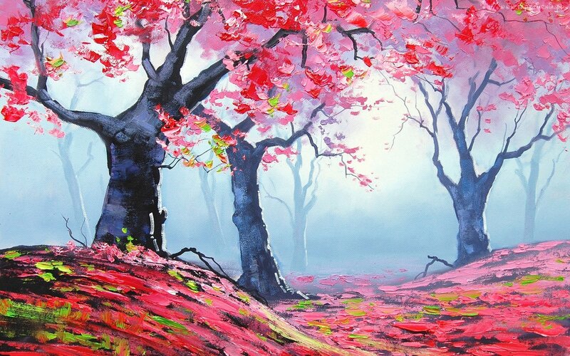 Cherry Blossom Trees — Red, Serene, Spring, Painting