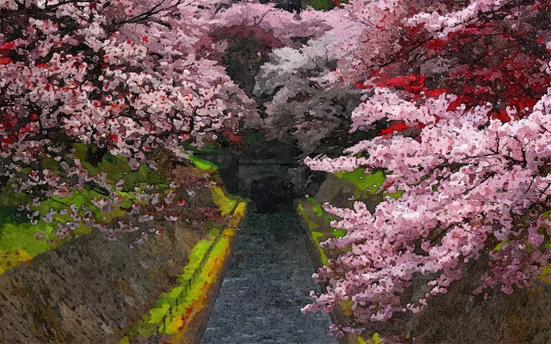 Cherry Blossom Tunnel — Pink, Serene, Spring, Digital Art